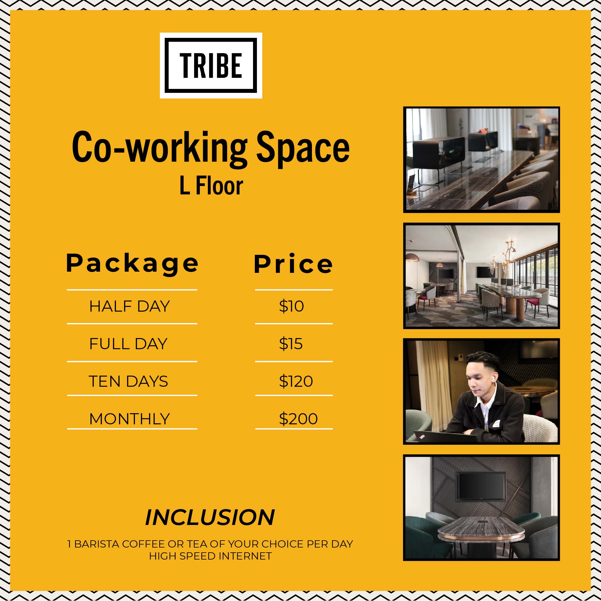 Espace de coworking TRIBE, étage L. Demi-journée : 10 $ ; journée : 15 $ ; dix jours : 120 $ ; mois : 200 $. Un café de barista ou un thé au choix par jour et internet haut débit inclus.