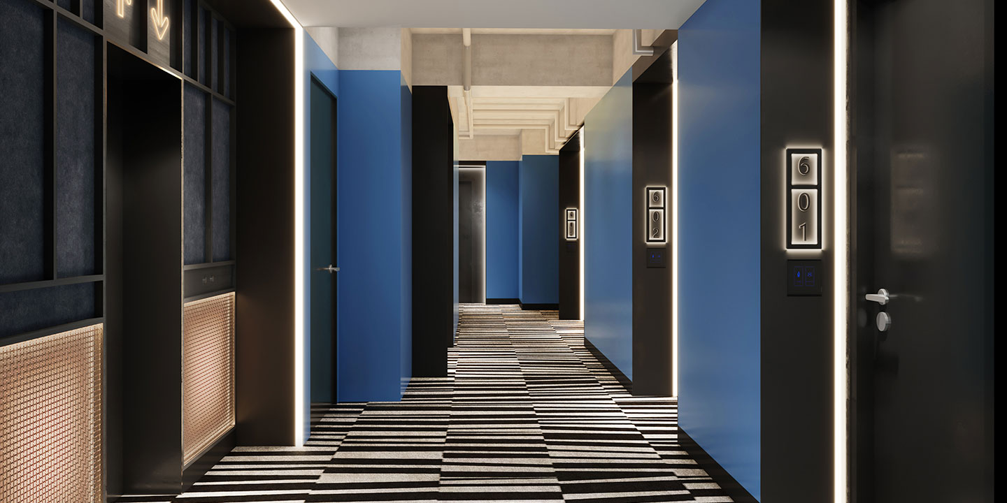 Modern hotel corridor with blue walls, black doors, striped carpet, and illuminated door numbers. The sleek design gives a sophisticated, contemporary feel.