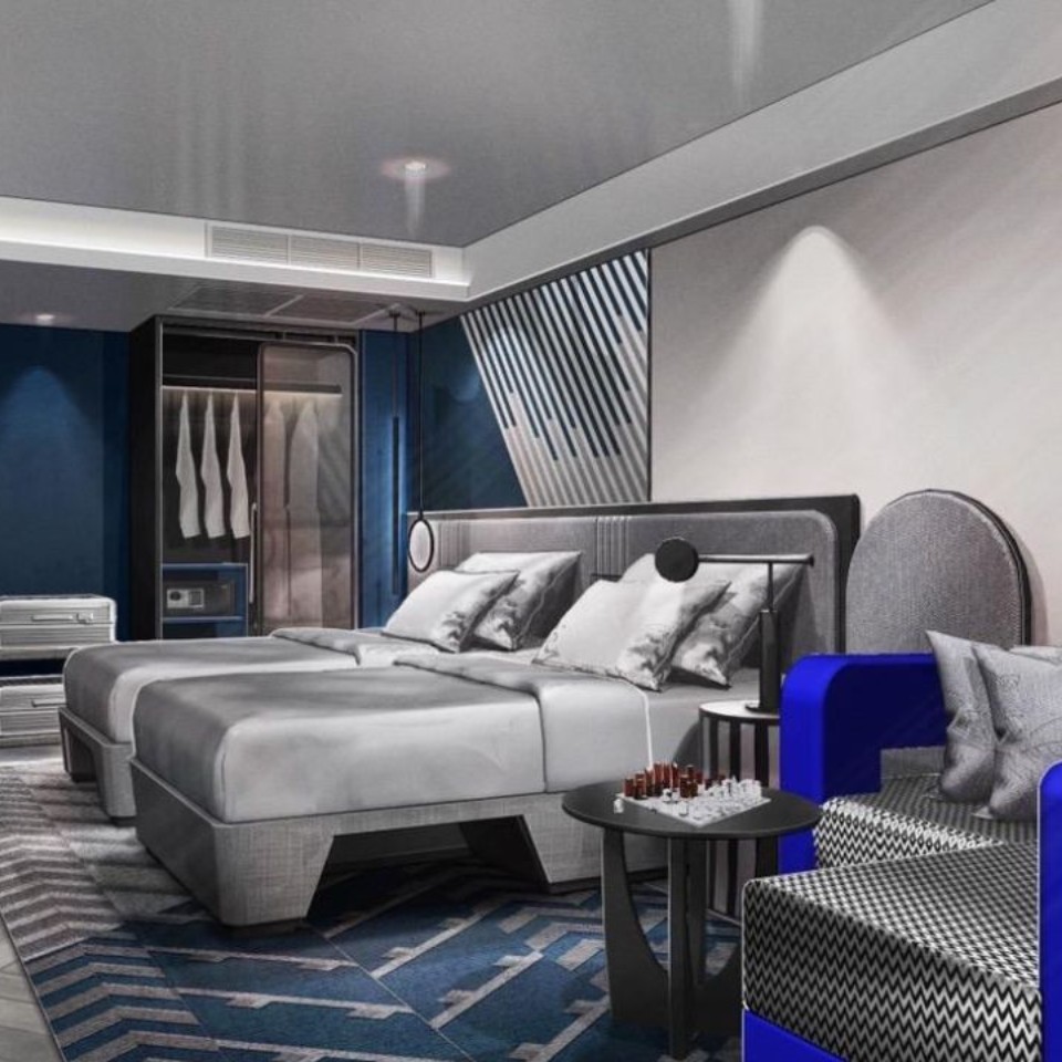 Twin beds in a grey-toned room with a patterned rug.