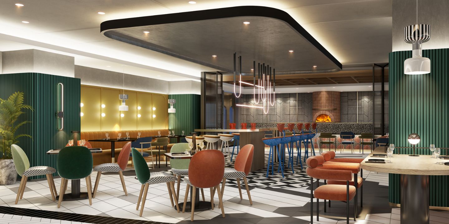 Restaurant tables and seating.