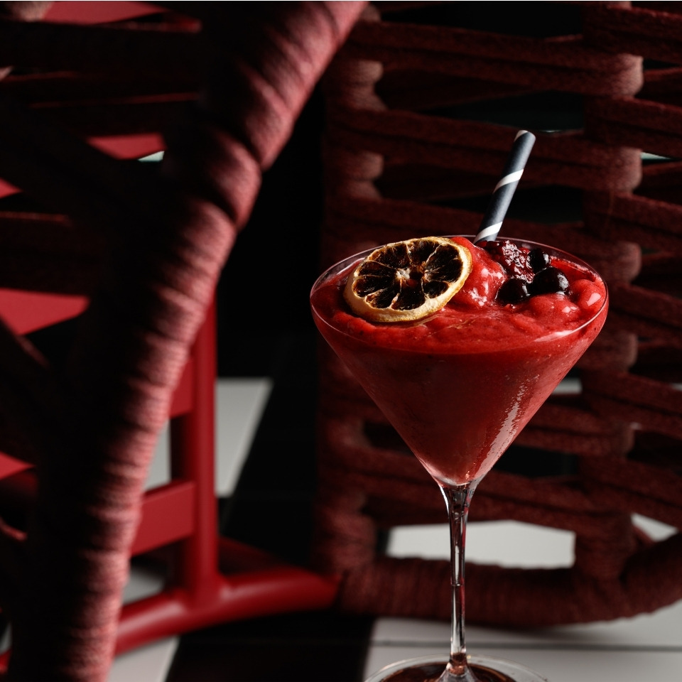 A red cocktail garnished with dried citrus and berries.