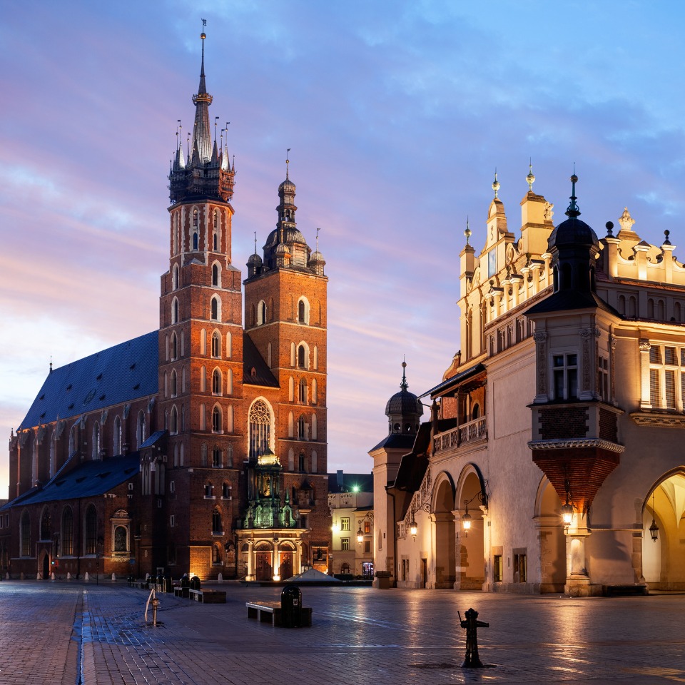 Krakows Old Town at Dusk, illuminated by lights