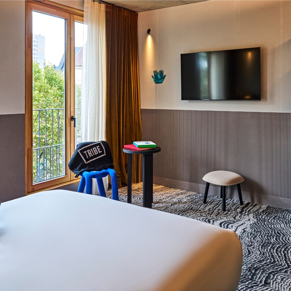 Chambre avec lit, mobilier coloré, télévision et grandes fenêtres donnant sur la verdure.