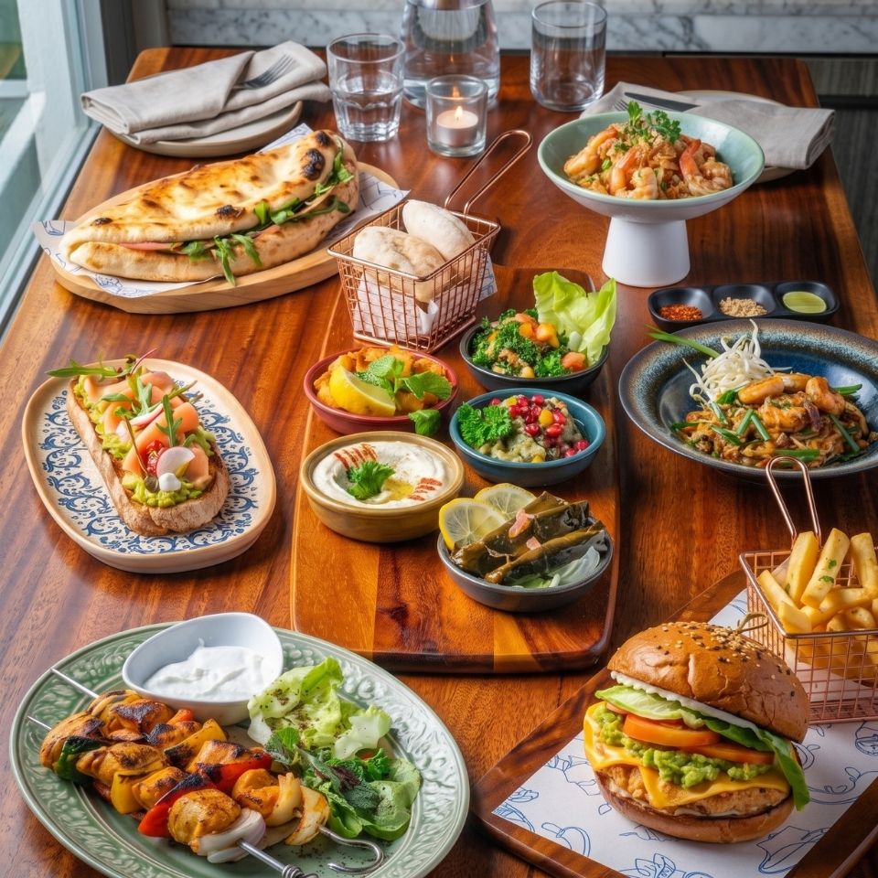 A table filled with sandwiches, salads and other dishes.