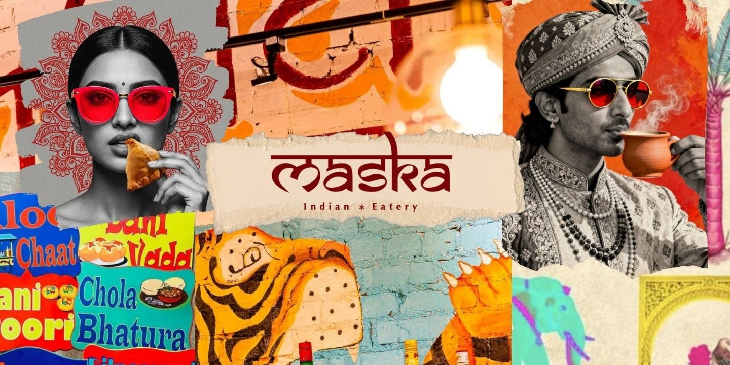 Colorful collage promoting "Maska Indian Eatery" featuring a stylish woman eating samosa, vibrant street food signs, and a traditionally dressed man sipping tea.