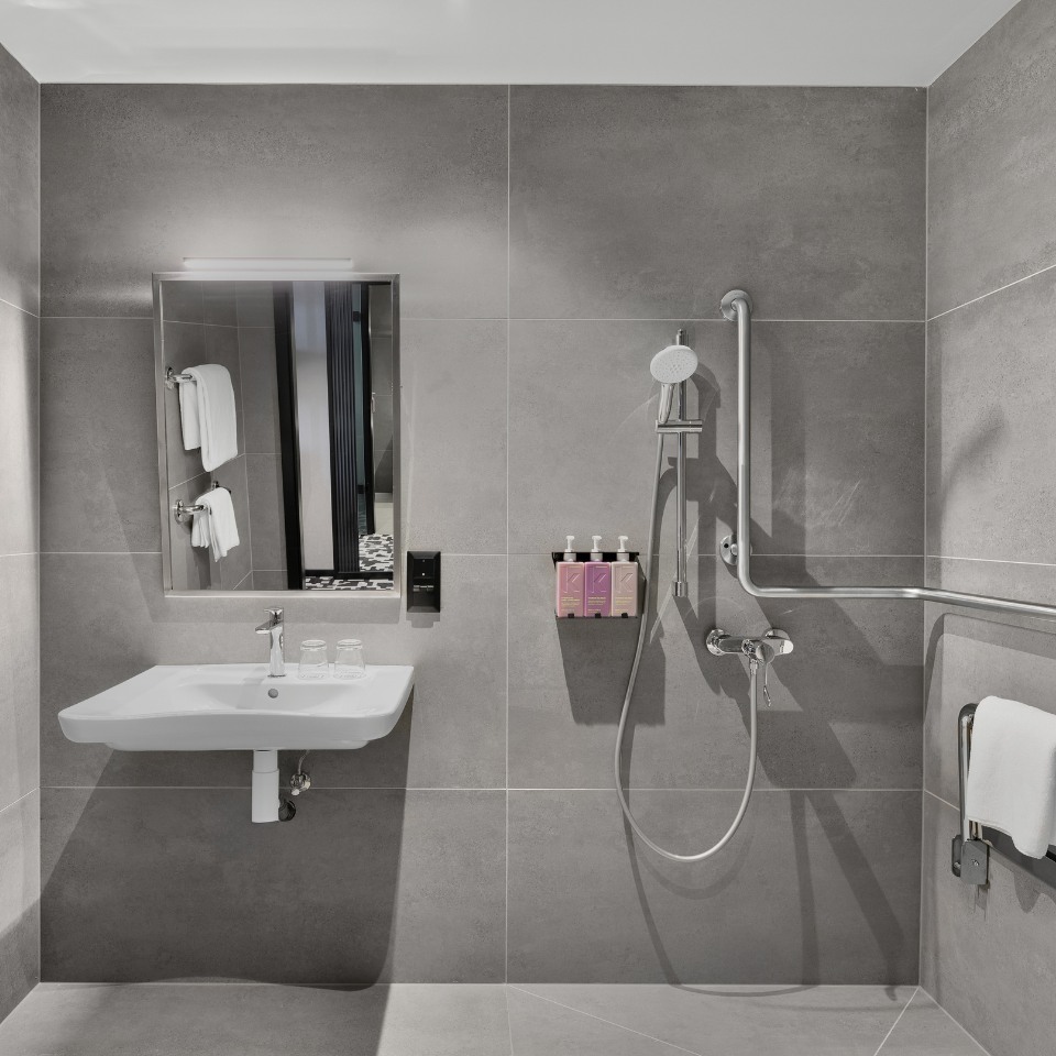 Modern bathroom with gray tiles, featuring a wall-mounted sink, mirror, and accessible shower. Towels hang on a rail, and toiletries are neatly arranged.