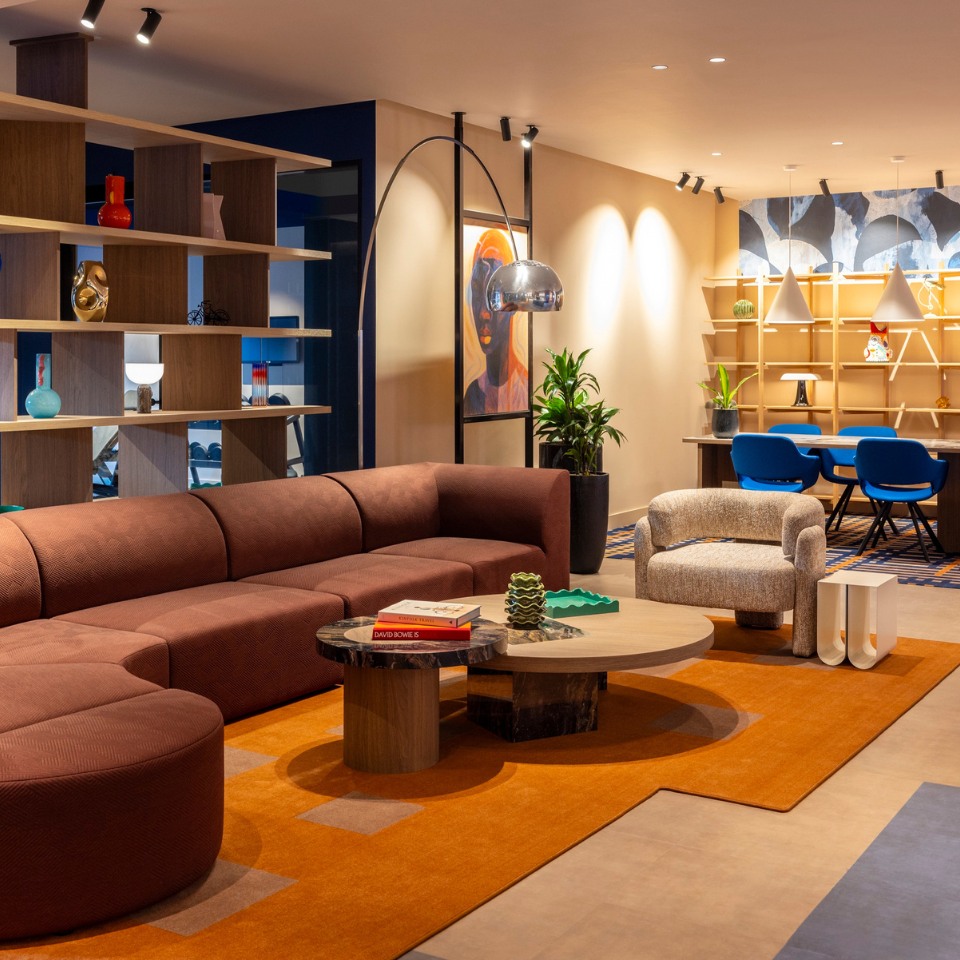 Modern living room with a brown curved sofa, orange rug, abstract art, and plants. Shelving and a cozy seating area create a vibrant, stylish ambiance.