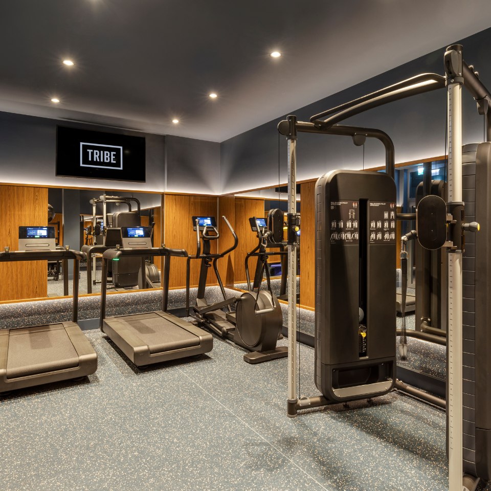 Modern gym room with wooden accents features treadmills, elliptical, and weight machines. Soft lighting creates a welcoming, focused atmosphere.