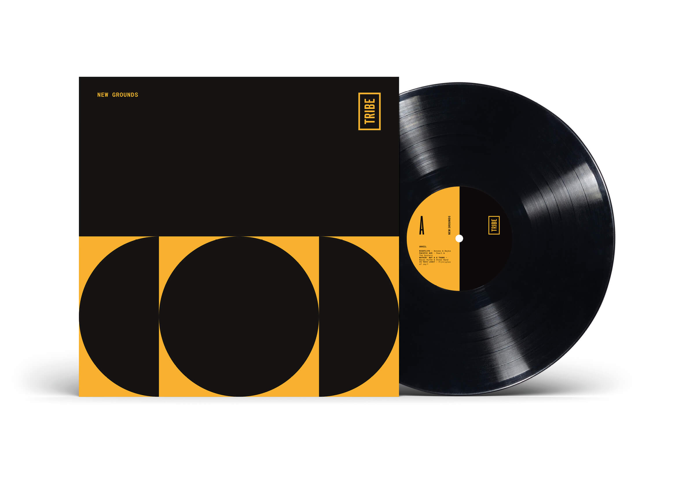 Vinyl record and yellow-and-black TRIBE sleeve.