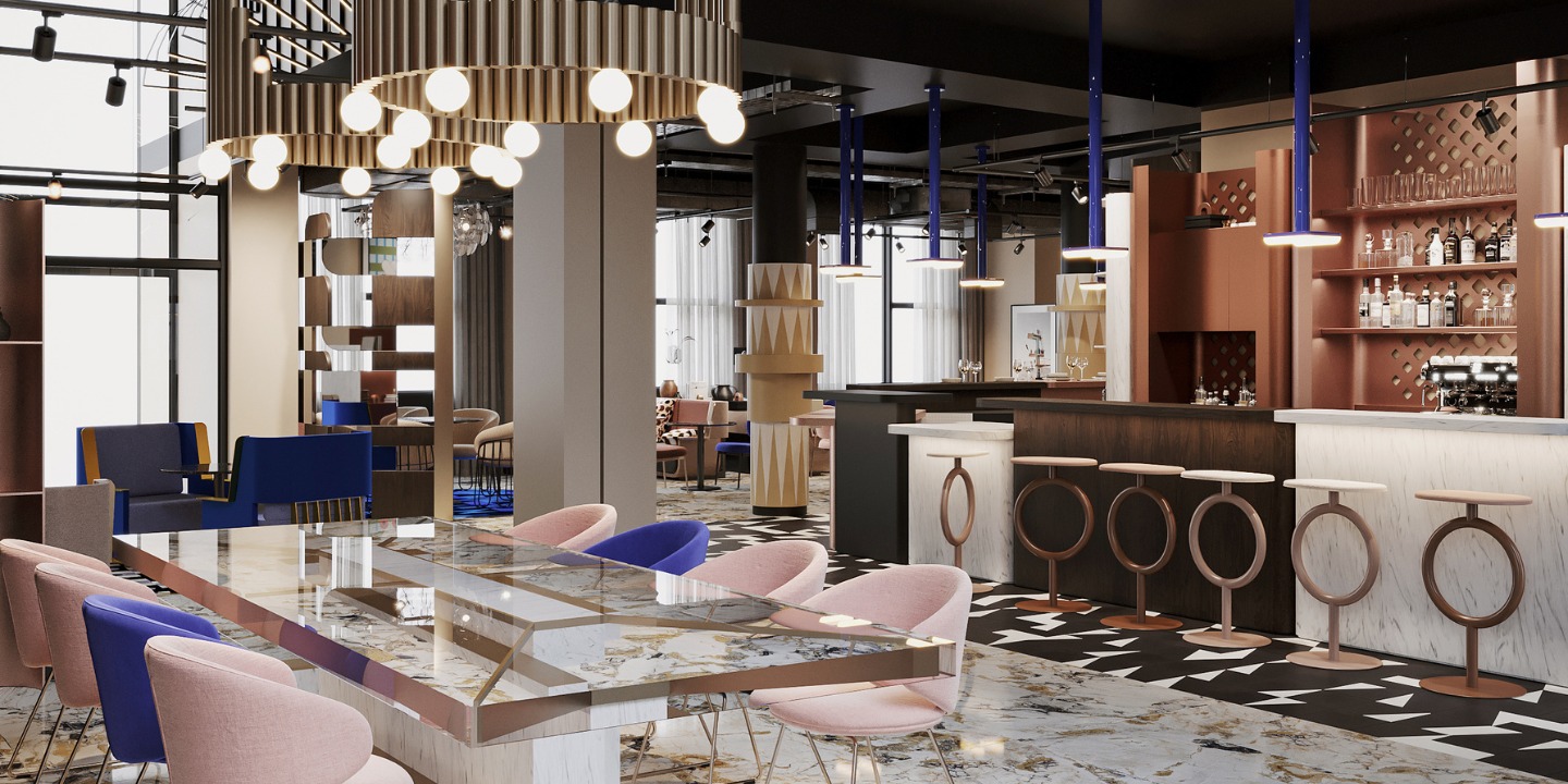 Modern and stylish interior with marble flooring, pink and blue chairs around a glossy table, and unique lighting fixtures. Sleek bar area in the background.
