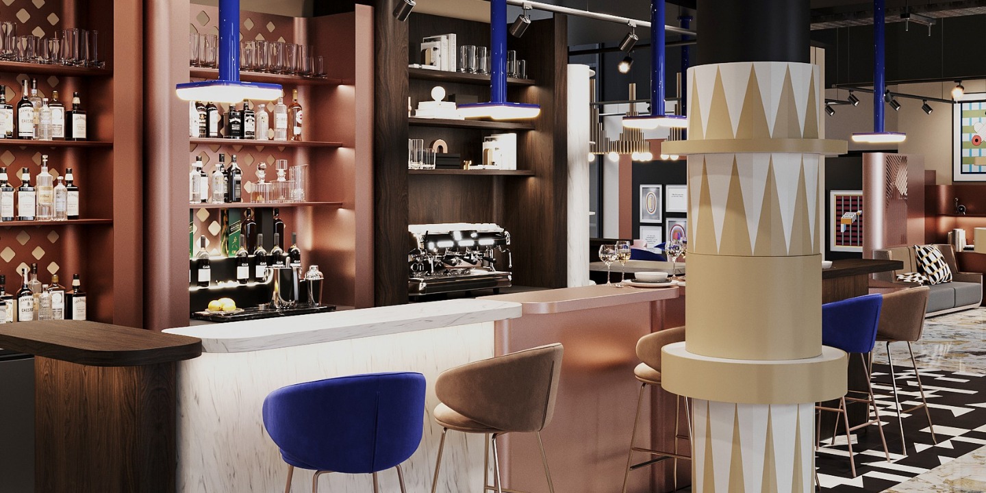 Stylish bar interior with a marble counter, wooden shelves full of bottles, and blue and brown bar stools. Geometric patterns and warm lighting create a modern, inviting ambiance.