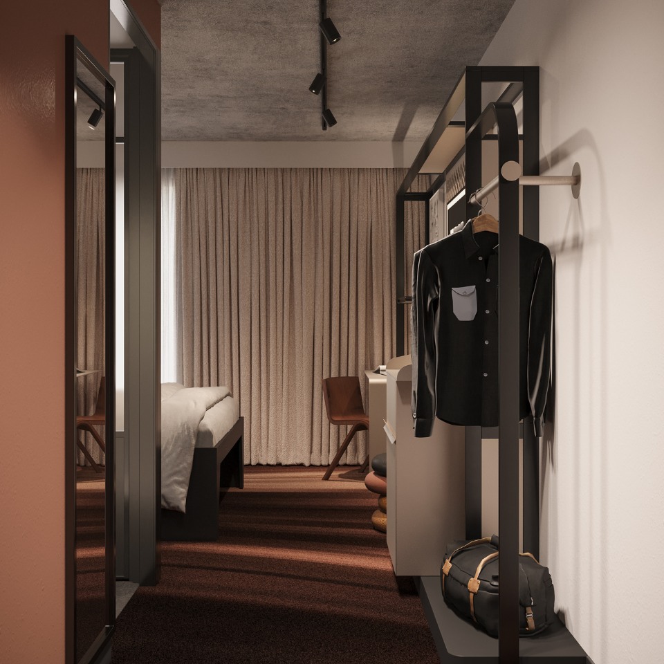 Modern hotel room with minimalistic design, featuring a plush bed, wooden chair, large window with beige curtains, and a black shirt on an open closet rack.