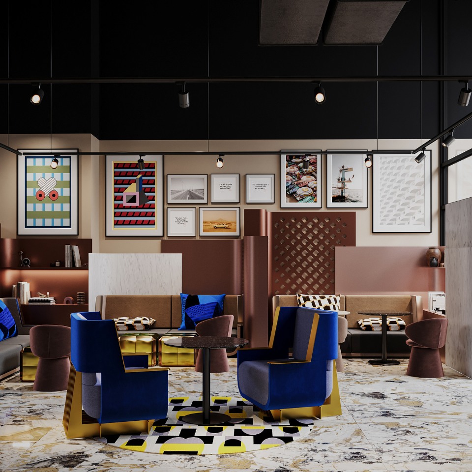 Contemporary cafe interior with vibrant blue and gold chairs, marble flooring, and geometric art on beige walls. Cozy, modern, and stylish ambiance.