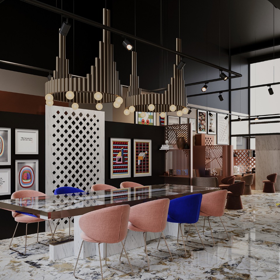 Modern interior with a sleek glass table surrounded by pink and blue chairs on a marble floor. Brass chandeliers add elegance. Vibrant artwork decorates black walls.