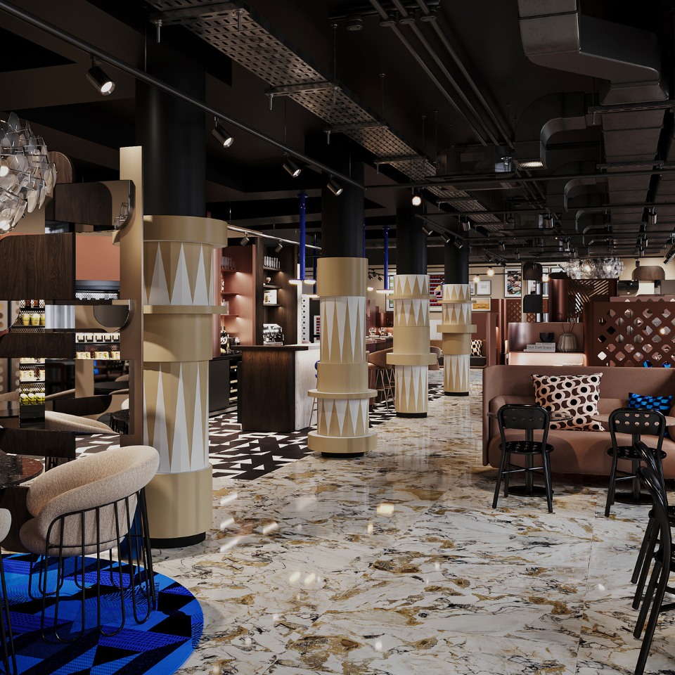 Stylish cafe interior with a modern, geometric design. Features patterned marble floors, decorative columns, cozy seating, and warm ambient lighting.