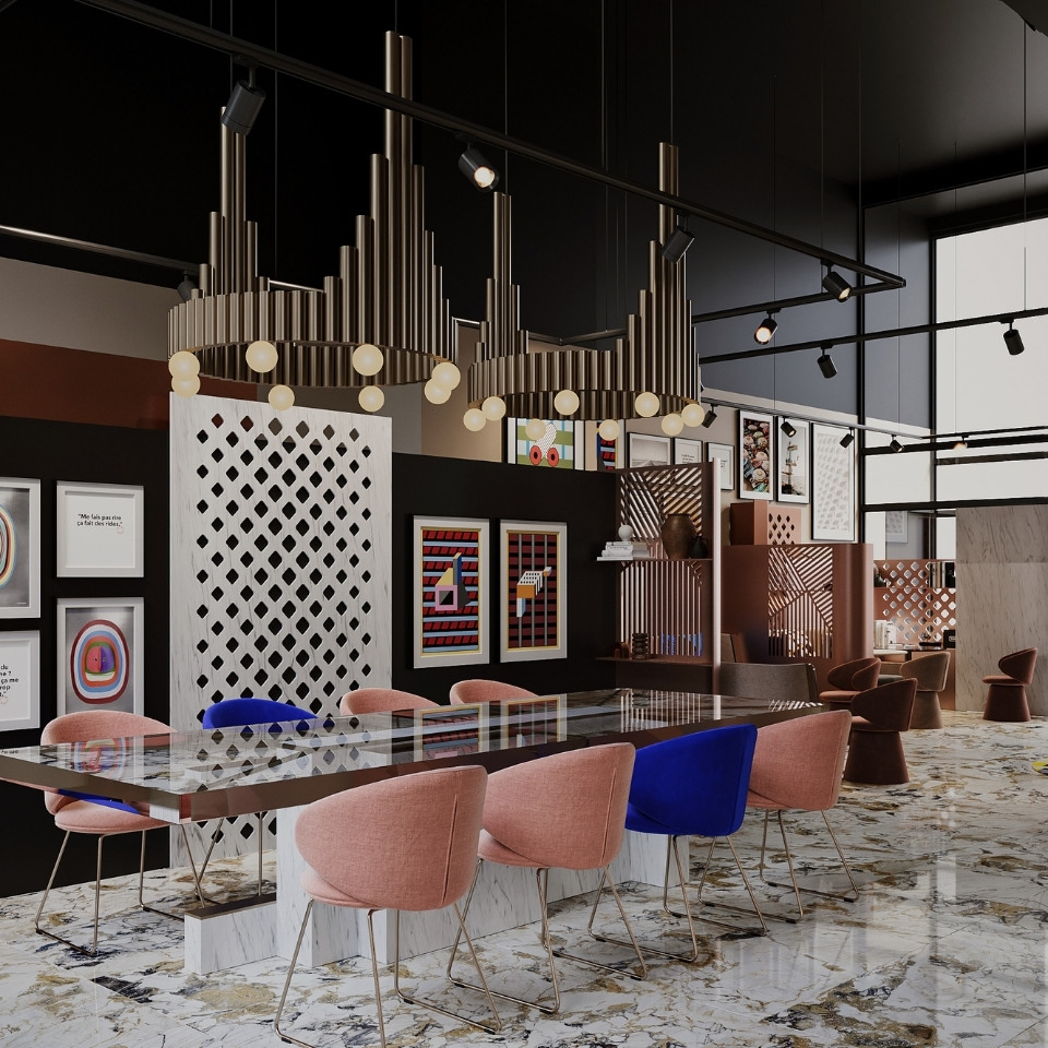 Modern interior with a long marble table, blue and pink chairs, abstract art, geometric chandeliers, and a lattice screen, conveying a stylish, vibrant atmosphere.