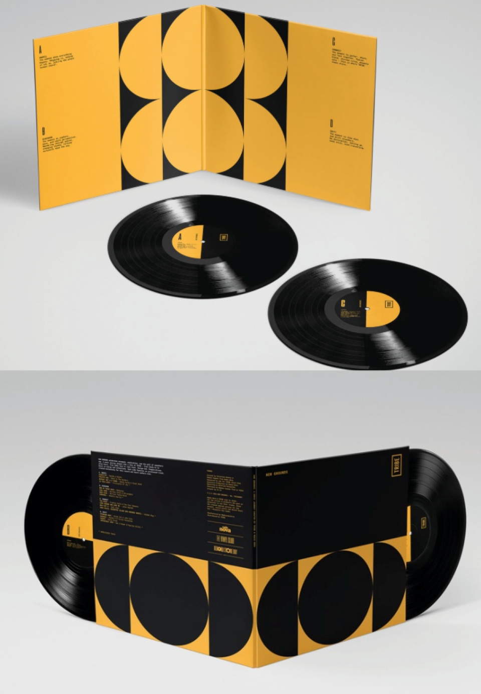 TRIBE vinyl sleeve and records displayed in yellow and black.