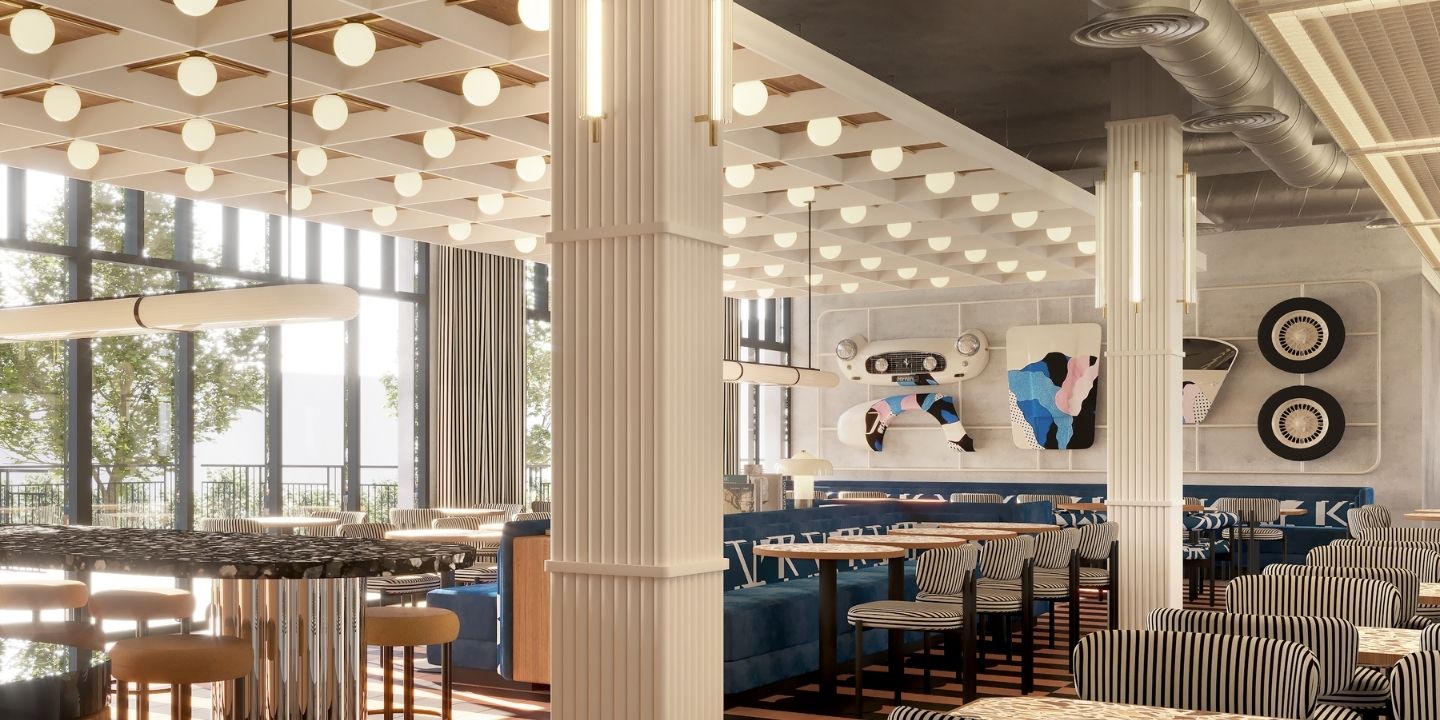 Modern restaurant interior with large windows, striped chairs, blue seating, unique wall art, and warm, geometric ceiling lights.