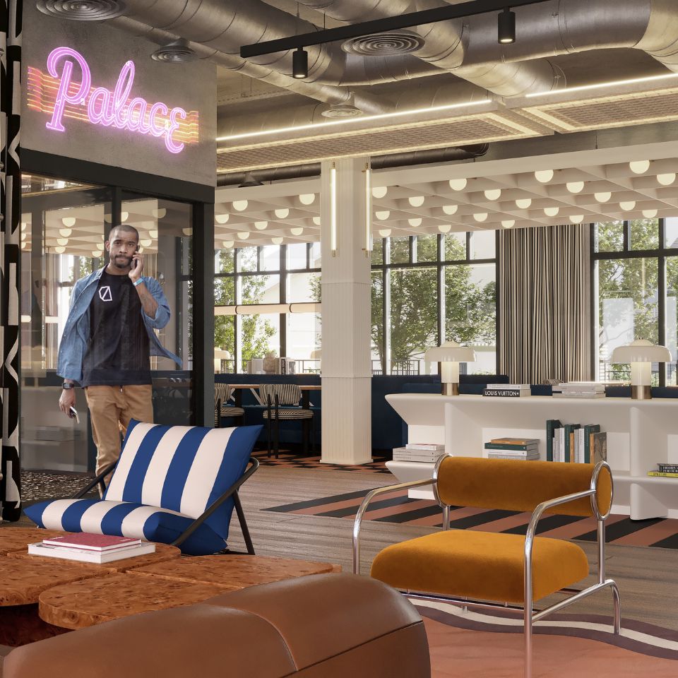 Modern lounge with retro elements, featuring a neon "Palace" sign, cozy seating, warm lighting, and a person in a denim jacket, evoking a relaxed vibe.