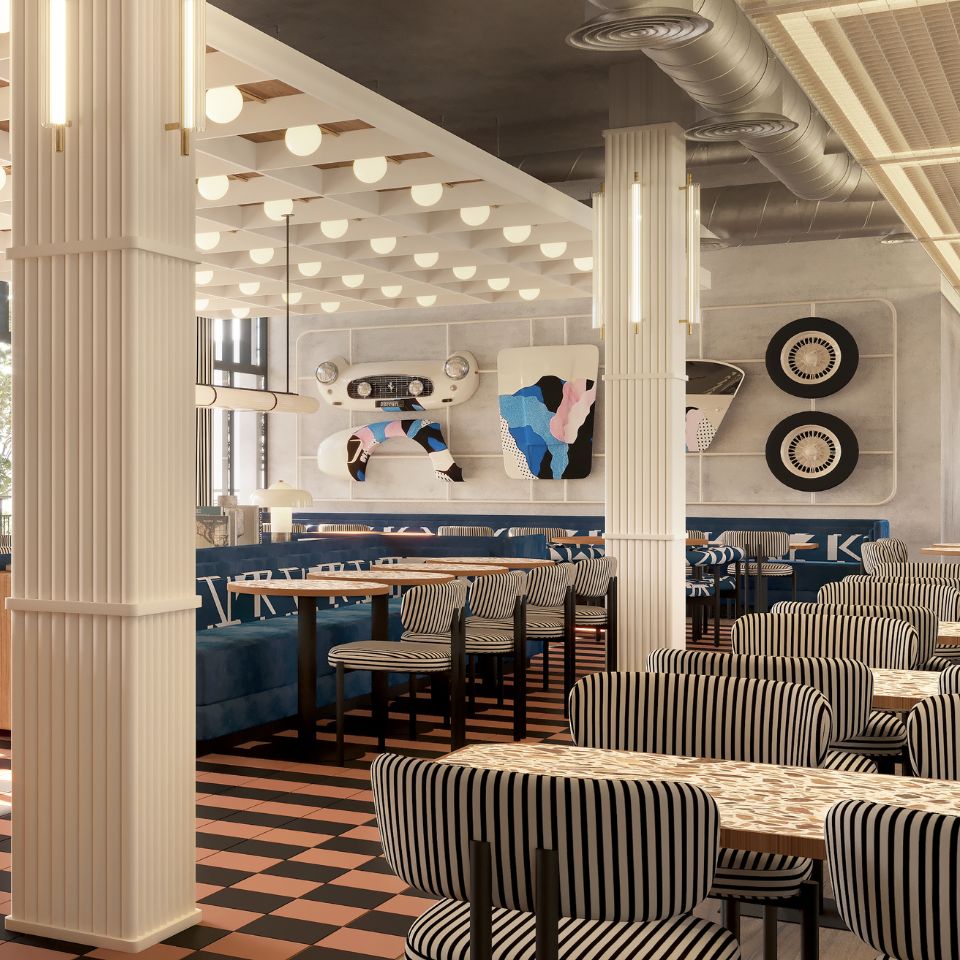 Dining area with striped upholstered chairs, patterned tables, blue banquette seating, fluted columns, and abstract wall art