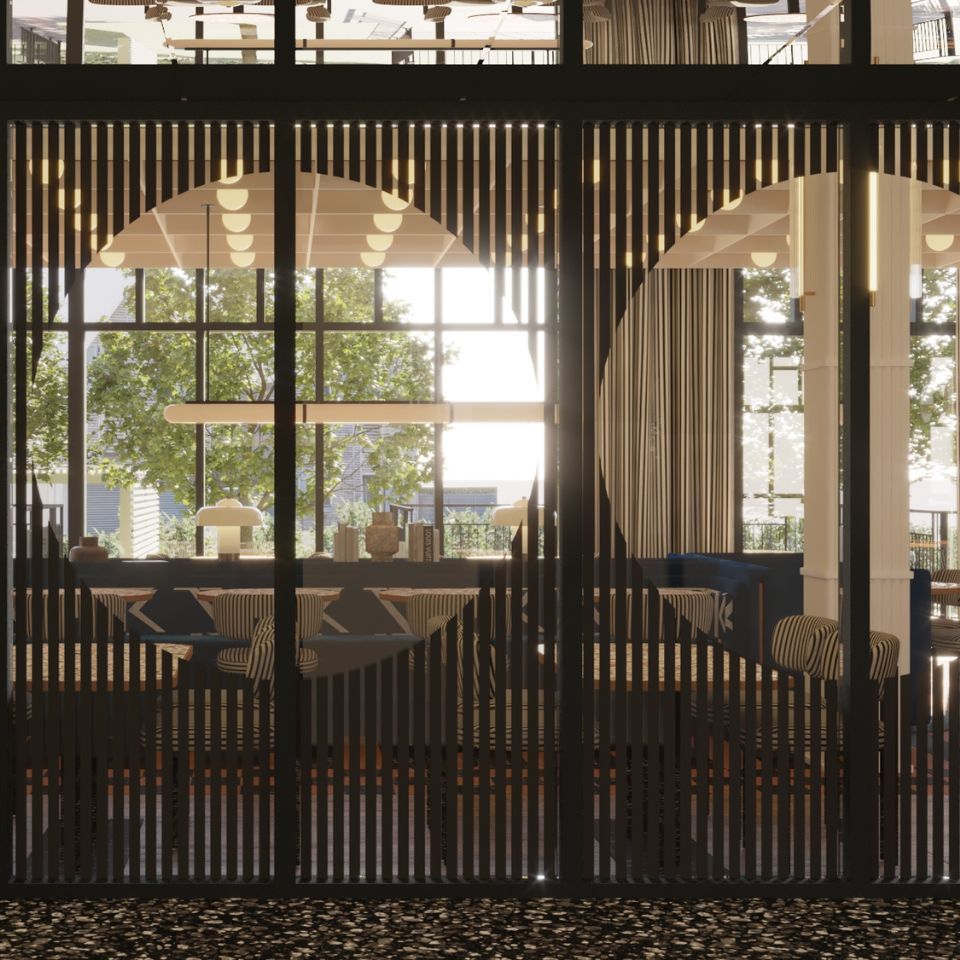 Living space with large windows, vertical slatted room divider, and seating with striped cushions