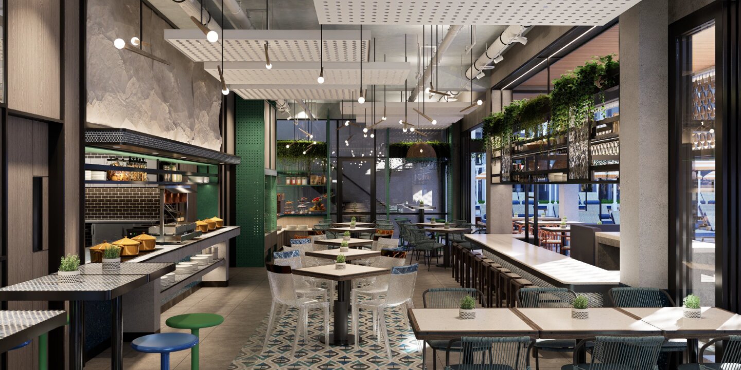 Contemporary hotel restaurant interior with stylish dining tables, clear acrylic chairs, patterned tiled floors, and chic industrial lighting.