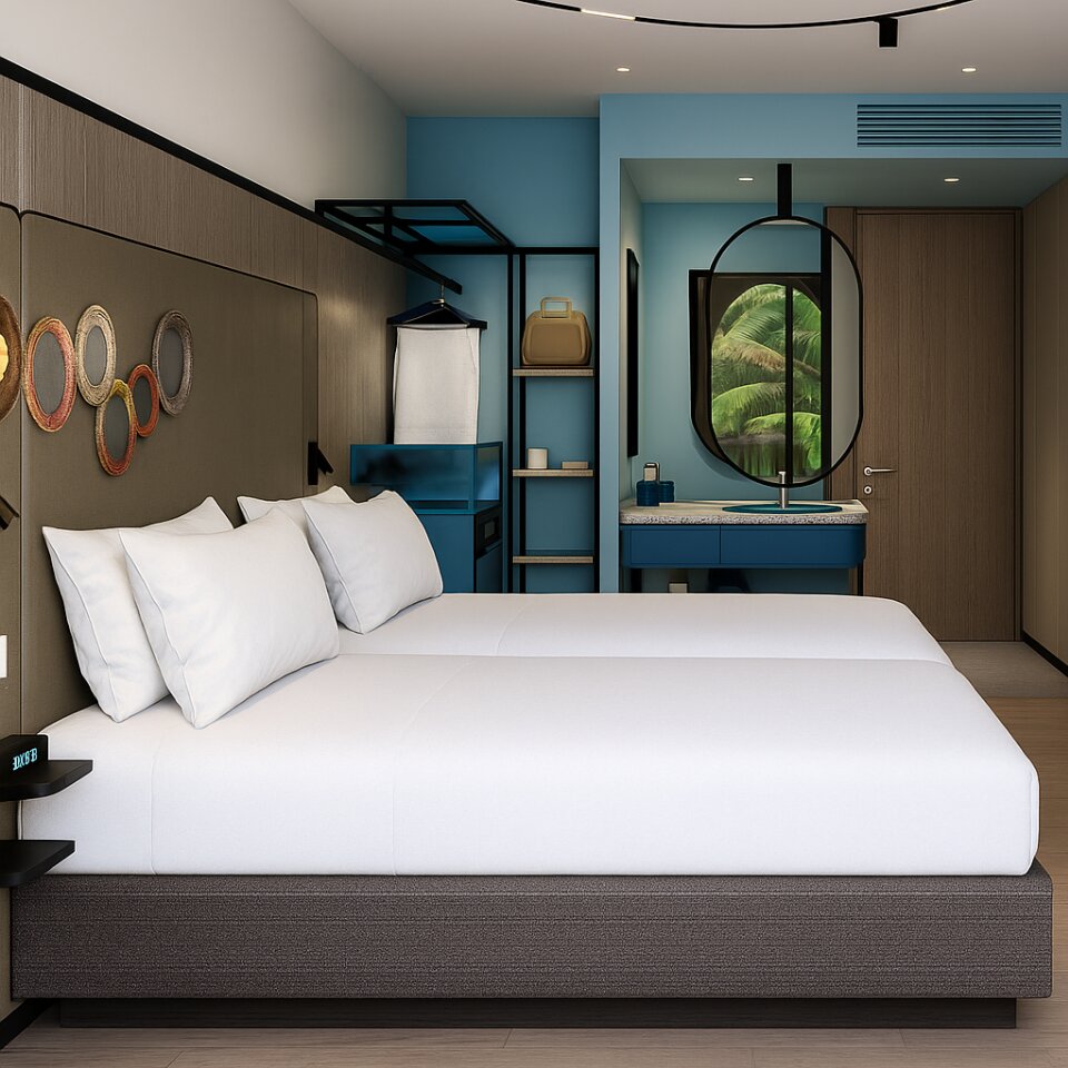 Sleek layout of a TRIBE hotel room featuring a king bed, blue lounge sofa, wooden desk, flat-screen TV, and contemporary lighting.