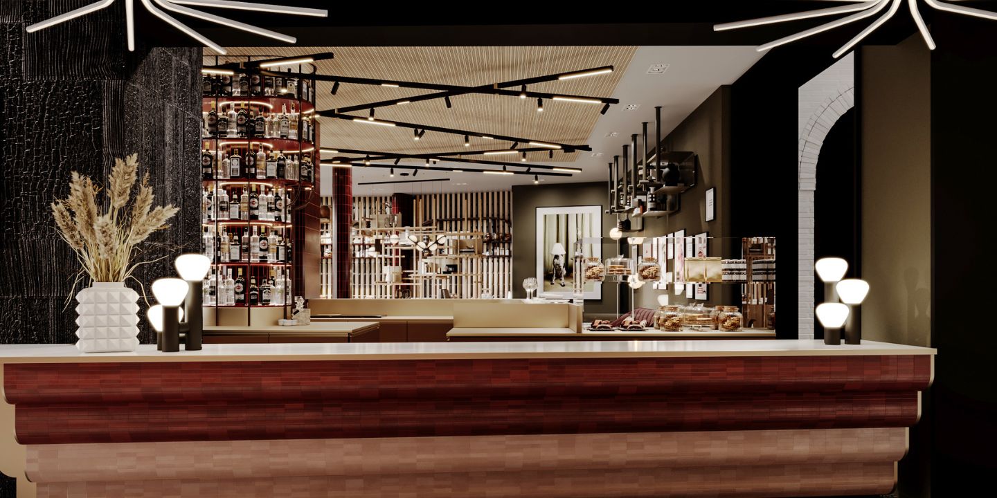 A wide shot of a contemporary hotel lobby featuring a tiered red-and-gold reception counter, a multi-tier backlit liquor display, and architectural track lighting.
