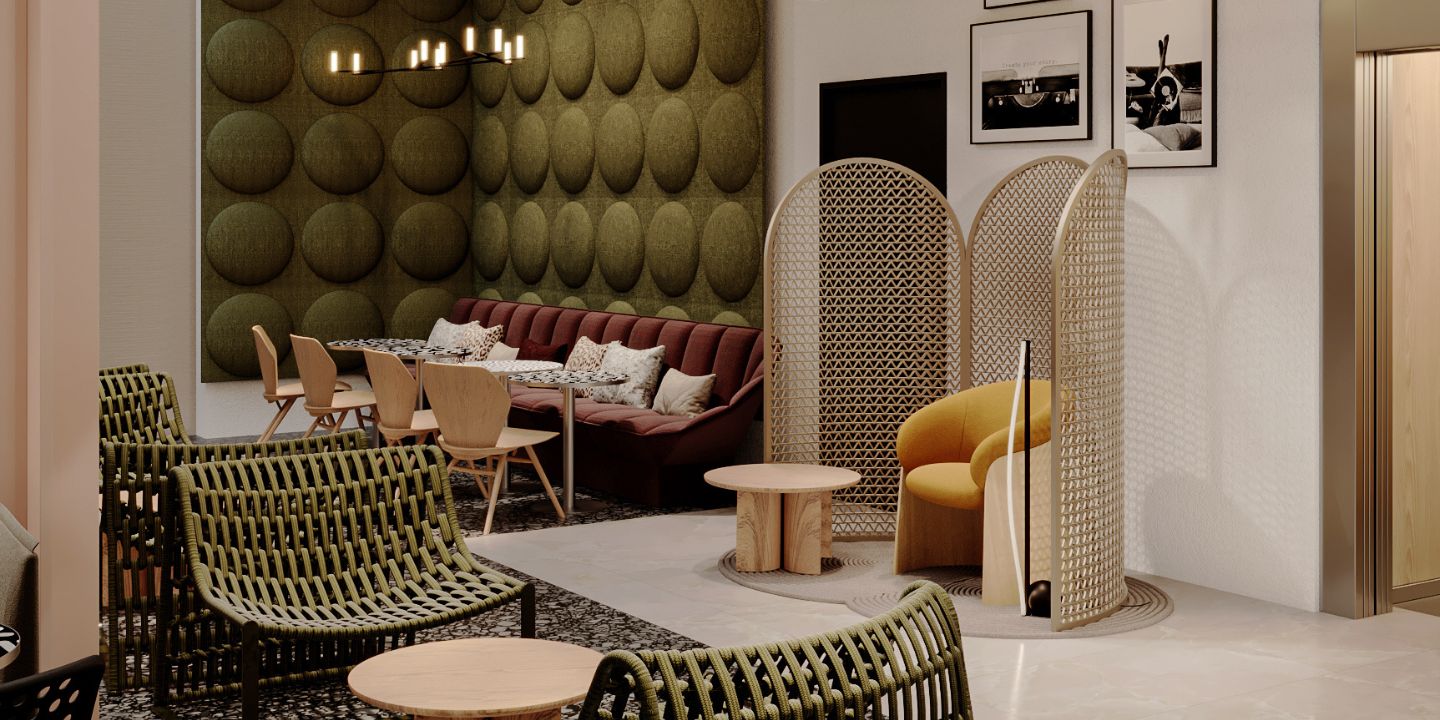 A stylish hotel lobby lounge featuring green woven low-profile chairs, a curved mustard-yellow armchair enclosed by arched privacy screens, and an olive green acoustic wall panel.
