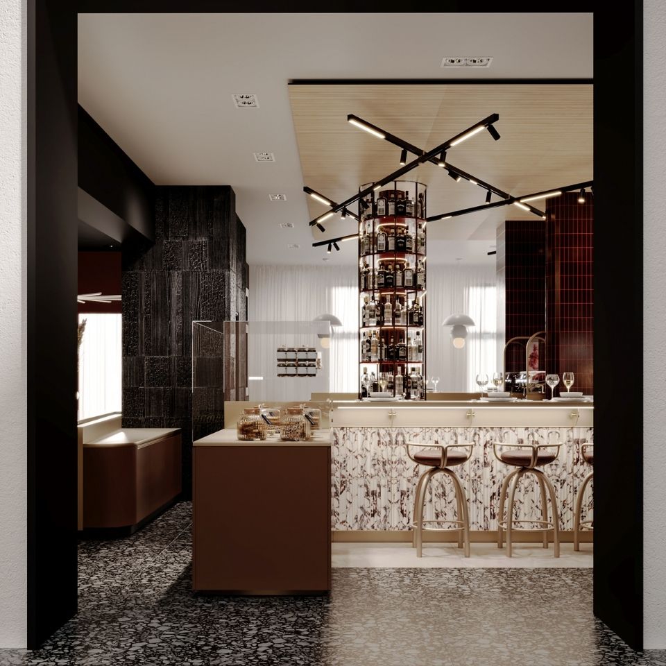 A marble-fronted bar opening onto a lounge area.