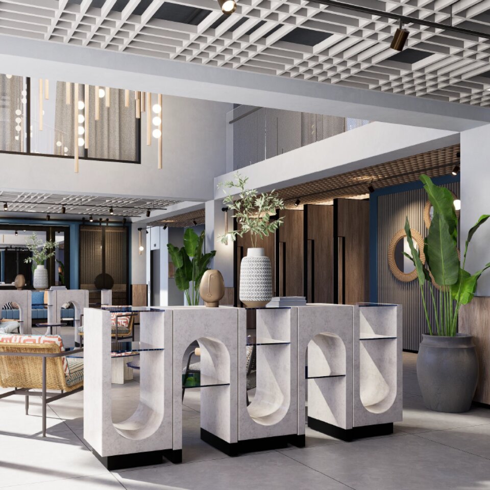Modern hotel lobby interior featuring white concrete arch shelving, decorative ceramic vases, tropical green plants, and stylish wooden wall panels.