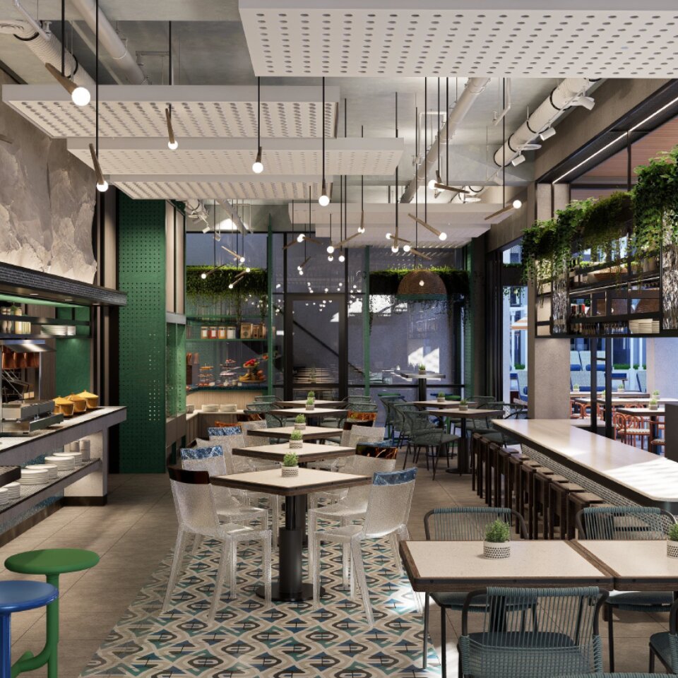 Contemporary hotel restaurant interior with stylish dining tables, clear acrylic chairs, patterned tiled floors, and chic industrial lighting.